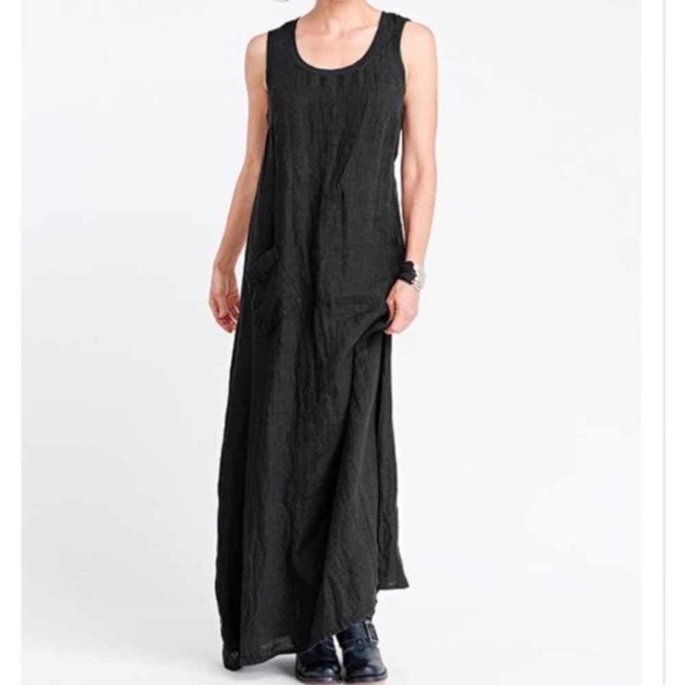 Flax by Jeanne Engelheart Slipster crinkle rayon black sleeveless maxi dress